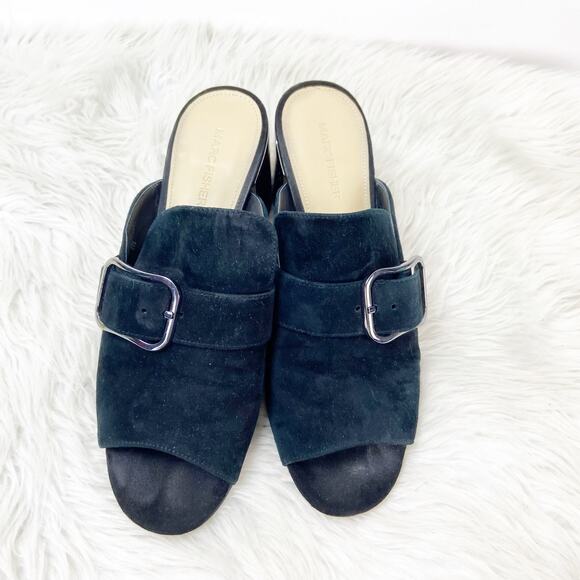 Marc Fisher 9 M Womens Black Suede Rima Buckle Slide Mule Mirror Heels Sandals - Picture 8 of 13